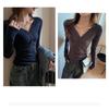 Womens V-Neck Knit Long Sleeve Top Slim Fit Versatile Basic Shirt