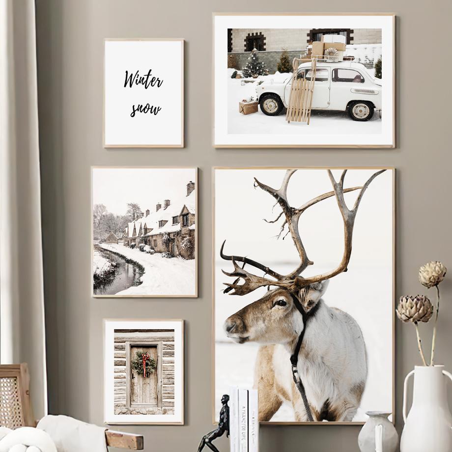 Wall Art Canvas Painting Winter Christmas Tree Deer Heart Pine Livign Room Decoration Posters And Prints Wall Pictures Home Club