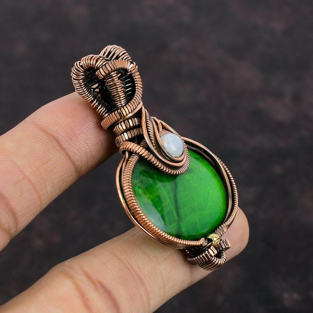 Зеленый огненный лабрадоритовый кулон, медная проволока, обернутая кулоном, радужным лунным камнем, медные украшения, кулон из драгоценного камня ручной работы, подарок для женщин