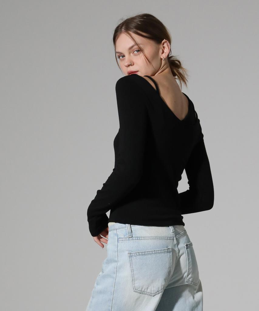 REEMNIK Slim Cut-Out Long Sleeve T-Shirt [Black]