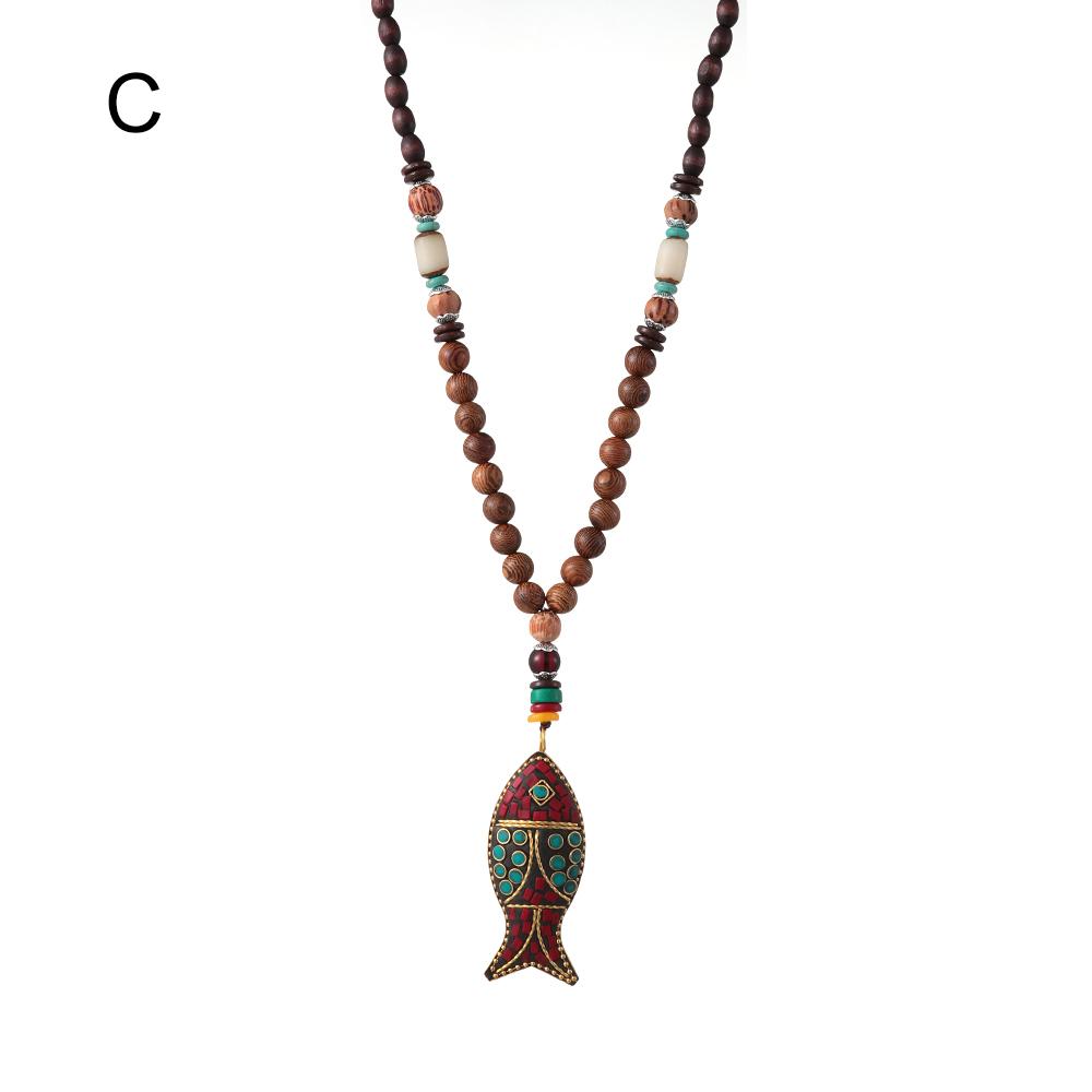 Boho Ethnic Jewelry Lucky Gift Party Mala Wood Bead Buddhist Horn Fish Pendant Nepal Necklace