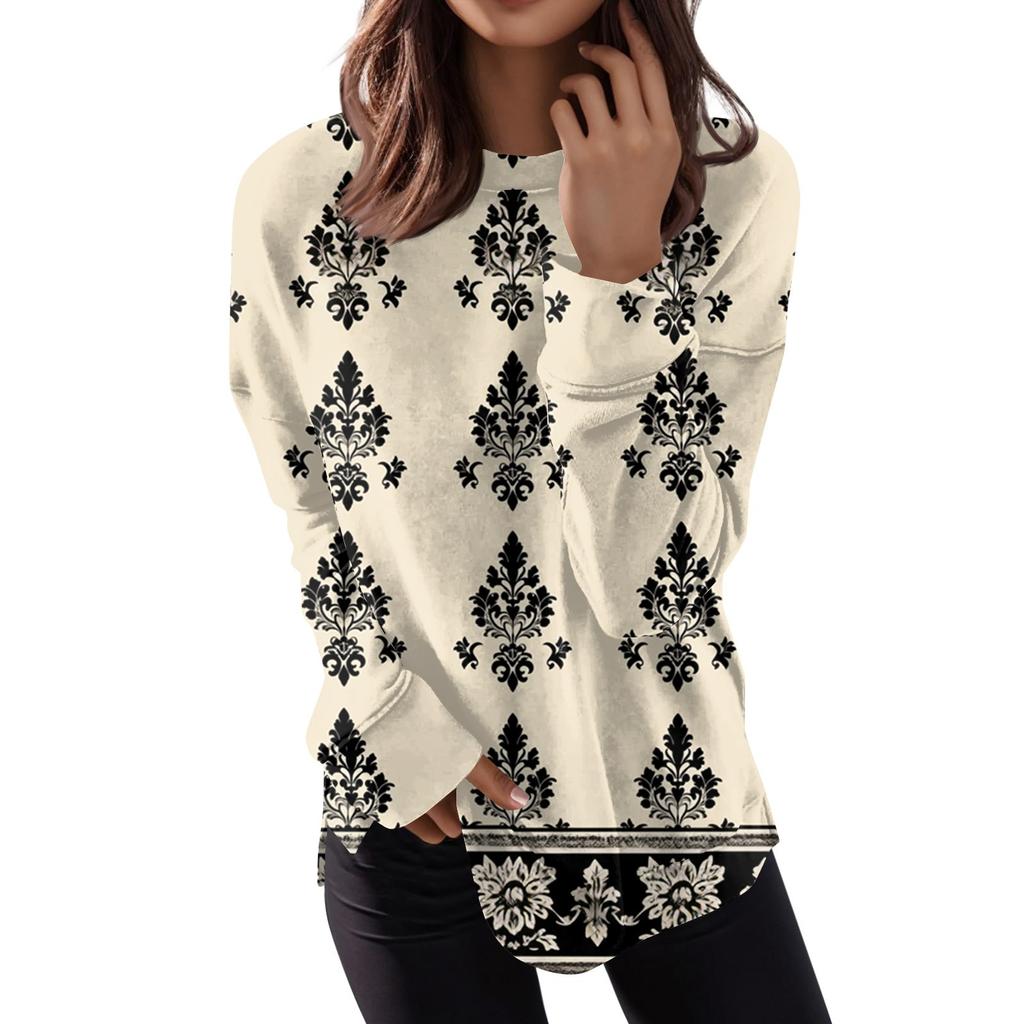 Women's Fashion Casual Long Sleeve Floral Print Round Neck Top