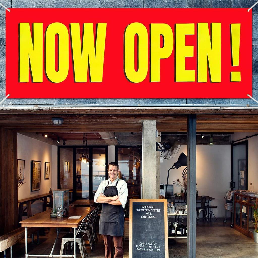 Large Now Open Banner Outdoor Indoor Signs Polyester Oxford Cloth Now Open Sign Hanging Banner for Lawn Outside Business Shop Decoration, 3 x 8