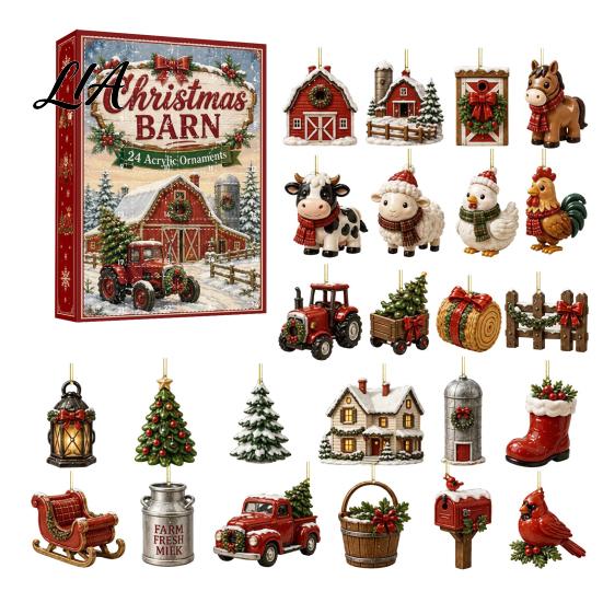 Коллекции ornaments для дома на праздники Рождество на ферме Адвент-календарь 24 шт. Акриловый 2D набор с деревенским амбаром Семейная традиция Дизайн животных для елки