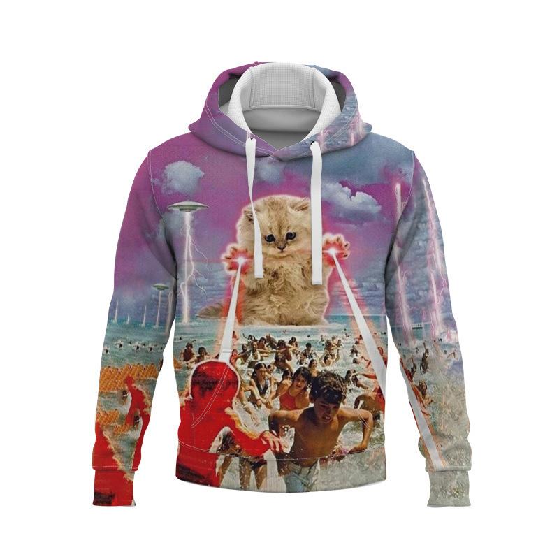 Men's and Women's Christmas Cat Hooded Sweatshirts, Fashionable Clothing, Fun Children's Animal Print Outerwear, Harajuku Large