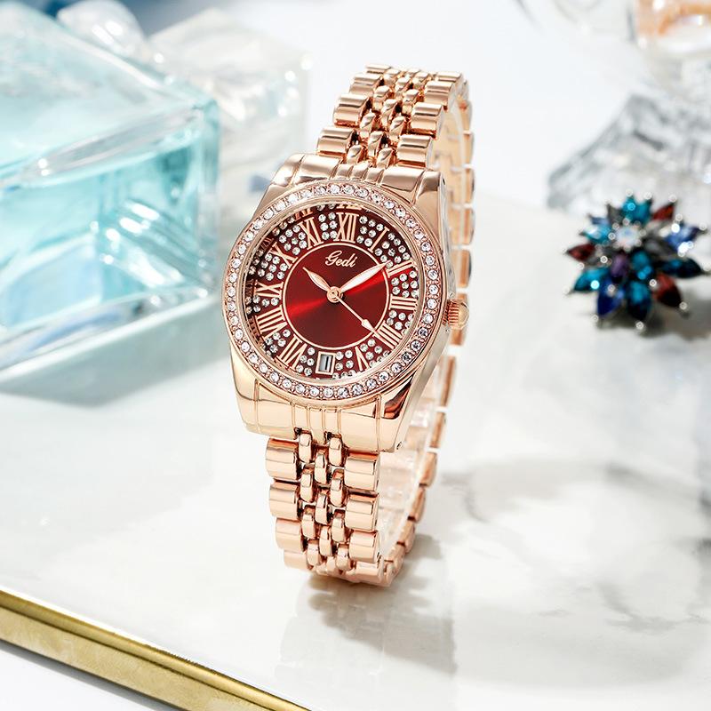 Full Diamond Bezel Roman Numeral Full Crystal Starry Dial Emerald Green Center Date Window Rose Gold Steel Watch