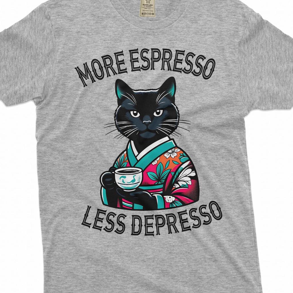 Funny Espresso coffee cat T-shirt caffeine more espresso less depresso cool cat tee shirt