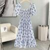 "French Retro Floral Square Neck Puff Sleeve Dress for Petite Women - High Waist, Sweet, Short Spring Style"