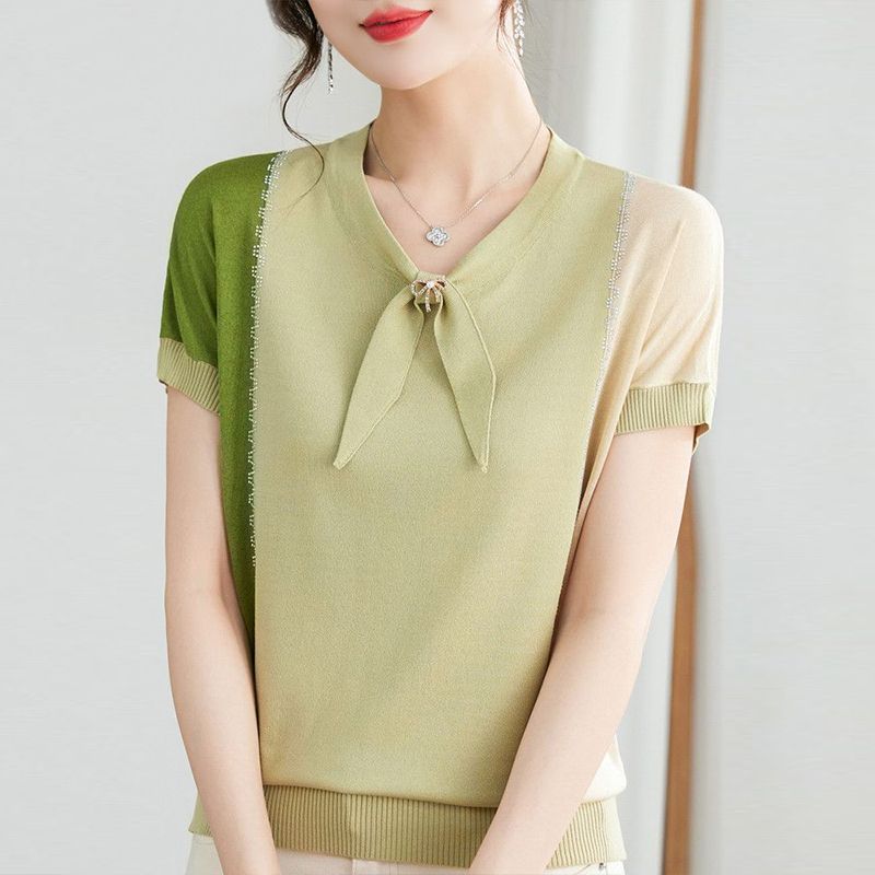 Women's Summer Knitted Shirt Thin Ice Silk T-shirt Knitted Short Sleeve Contrast Color Western Style Top