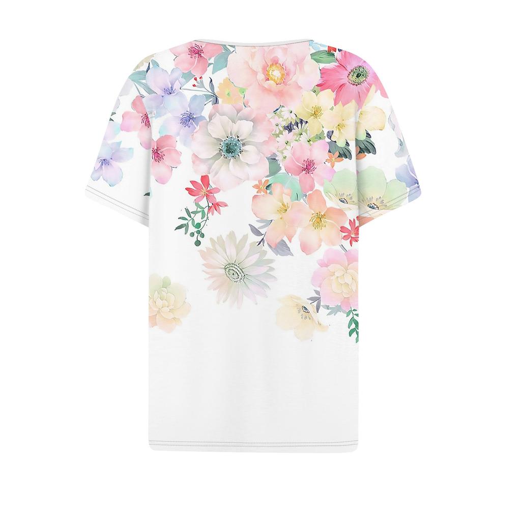 Женская повседневная футболка с коротким рукавом, цветочным принтом и V-образным вырезом, декоративными пуговицами
