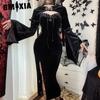 GMXIA Halloween Women's Dress Dark Ethos Hooded Trumpet Sleeve Spider Web Dress for Women