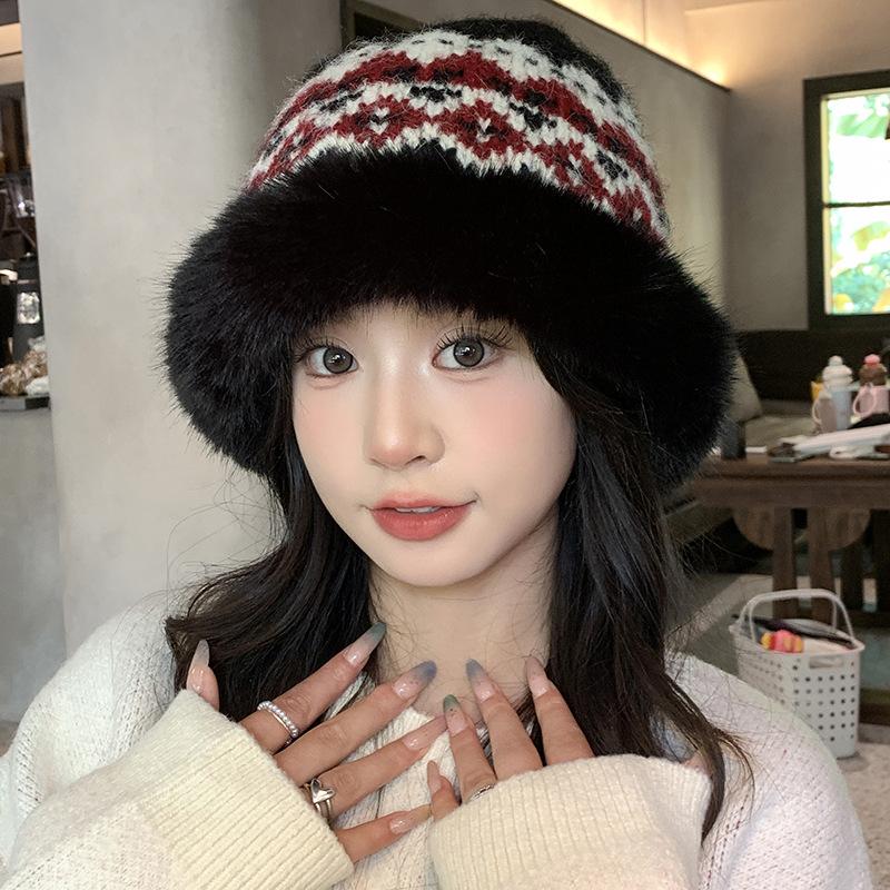 Fair Island jacquard plush knitted fisherman's hat children's winter new thickened warm ear protection cold basin hat