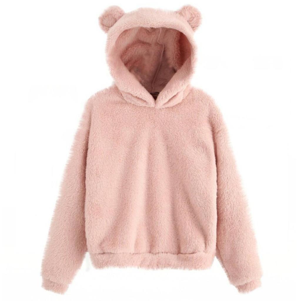 Women's Fashion Long Sleeve Solid Color Fleece Ears Hooded Warm Sweater Sweatshirt