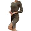 Women Fashion Casual Solid Color  Button Decoration Sexy Slim Long Sleeve Knit Split Dress