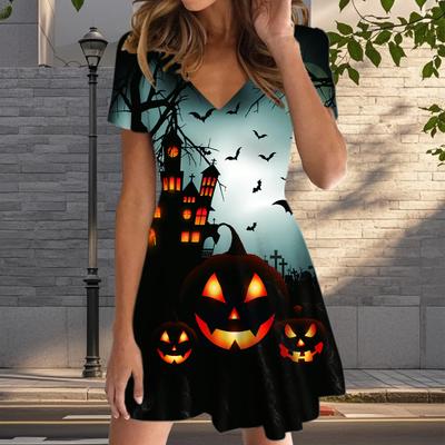 Летняя мода женские V-образный вырез короткий рукав Хэллоуин принтованное платье сексуальные короткие юбки платья