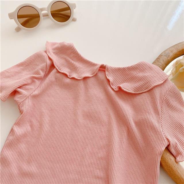 Летняя футболка для девочек из ледяного шелка с коротким рукавом и воротником Питер Пэн – однотонная, тонкий стиль, универсальный детский топ.
