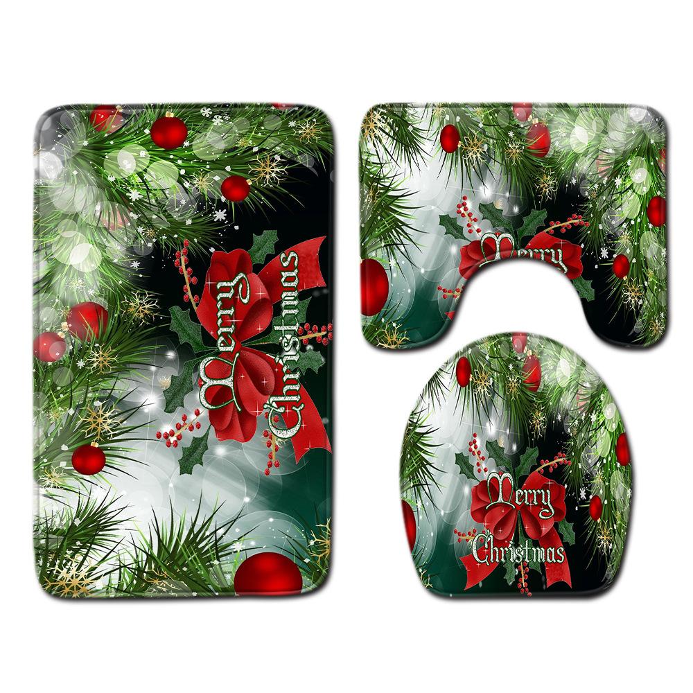 Christmas Shower Curtain Floor Mat Combination Four-Piece Set Bathroom Toilet Carpet Shower Room Mat Foot Mat