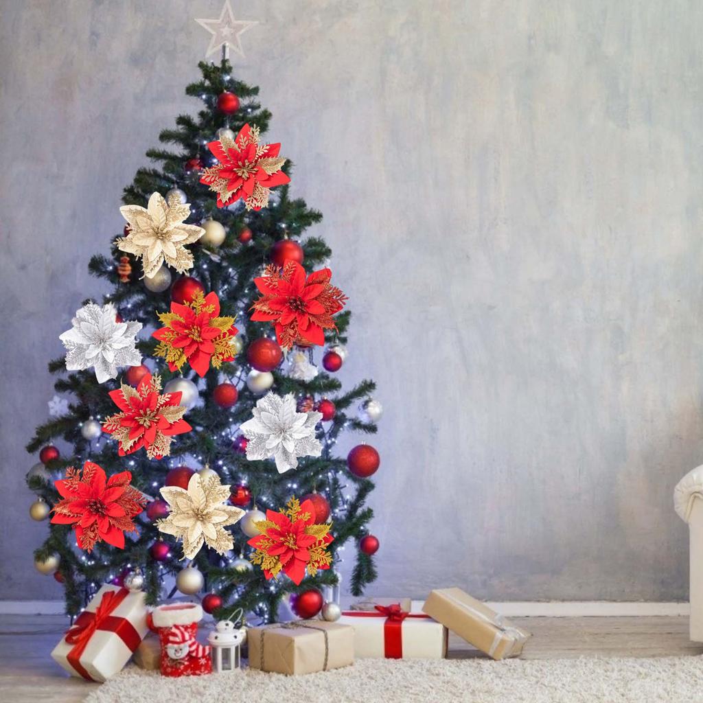 10 шт. 14 см Блестящие Искусственные Пуансеттии Рождественские Цветы Украшения для Рождественской Елки Рождественские Украшения для Дома Новый Год