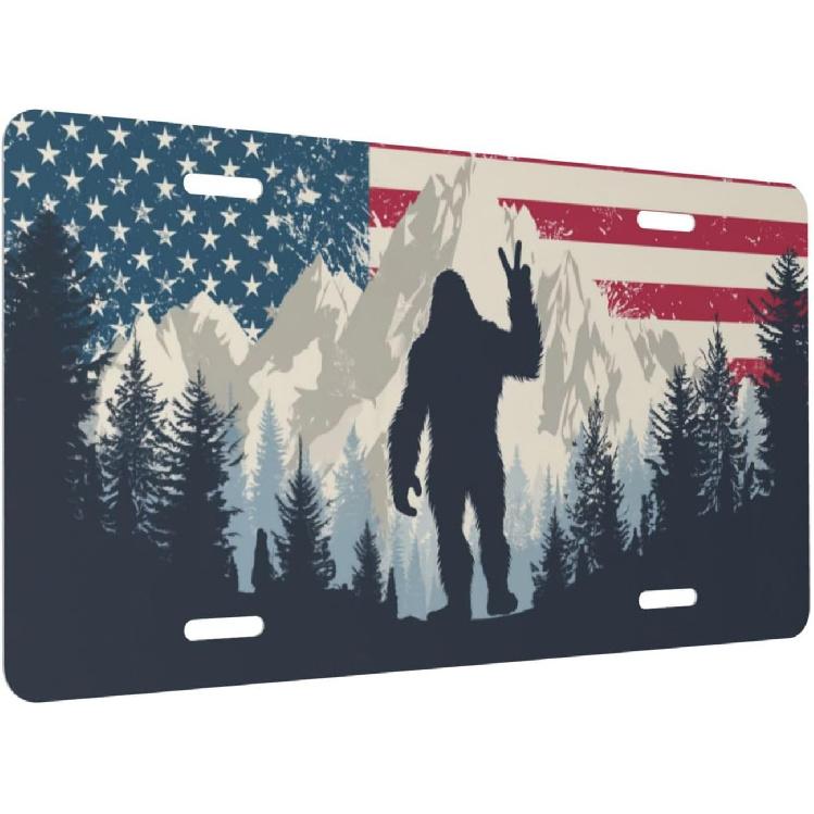 Front License Plate Cover, American Flag Bigfoot Sasquatch Car Decor Accessory Aluminum Metal Rust-Proof US Car Plate Novelty Vanity Tag Cover