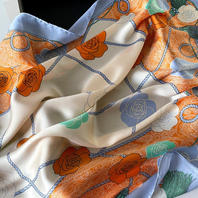Satin Printed Square Scarf Silk Scarf for Women National Style Floral Scarf Thin Neck Protection Versatile Professional Stewardess Scarf