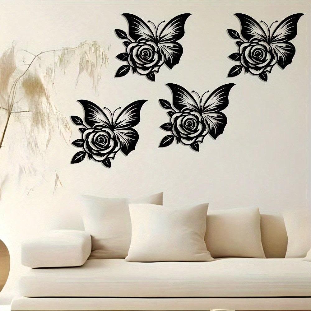 1 Iron Butterfly Rose Metal Wall Art, Elegant Abstract Design, Versatile Wall Decor With A Detachable Craft Logo
