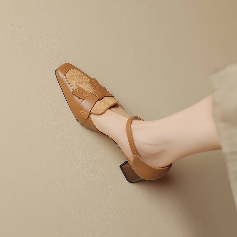 Осенне-летняя обувь из коровьей кожи с квадратным носком и конским волосом на среднем каблуке, женские туфли-лодочки на плоской подошве в лаконичном стиле с дизайном «бабочка» и ремешками на щиколотке