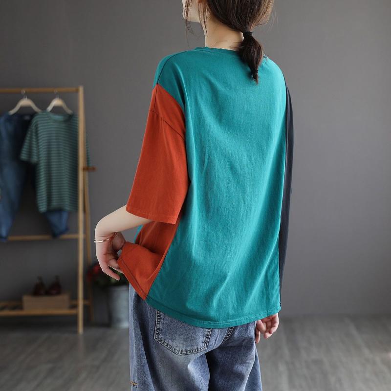 Футболка из 100% хлопка с короткими рукавами, женская свободная хлопковая летняя футболка большого размера с цветным контрастом, винтажный арт-топ женский