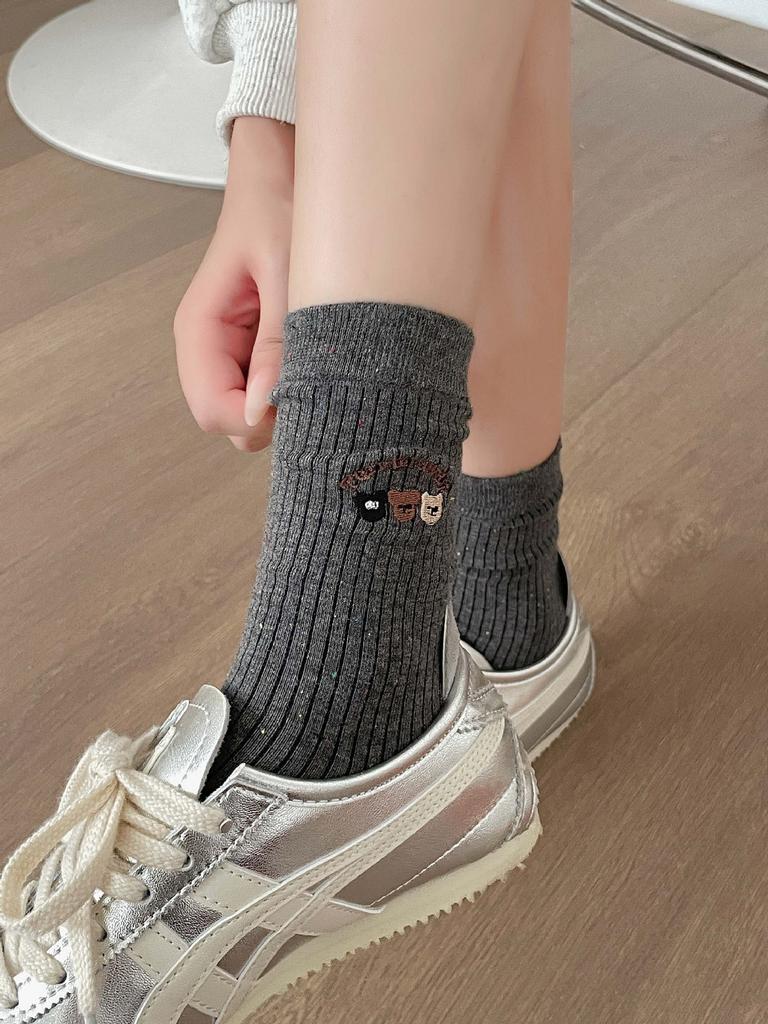 Cartoon Bear Embroidery Socks Spring And Autumn Idea Yarn Versatile Long Pile Socks Casual Versatile