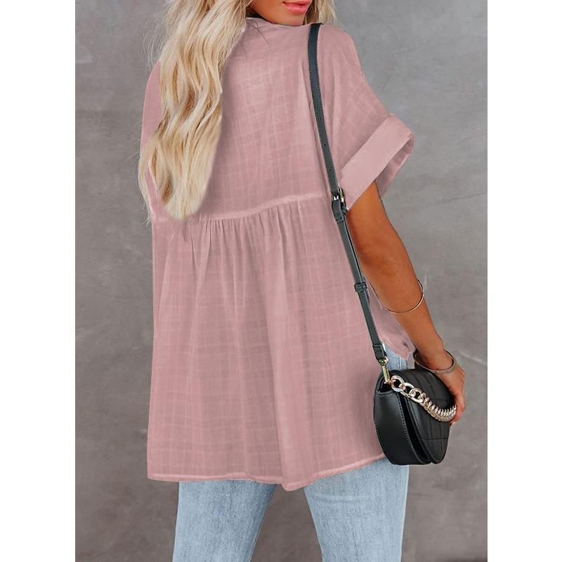 YYFS Women's Fashion Casual Summer Spring Solid Color Print Short Sleeve V-Neck Blouses & Shirts