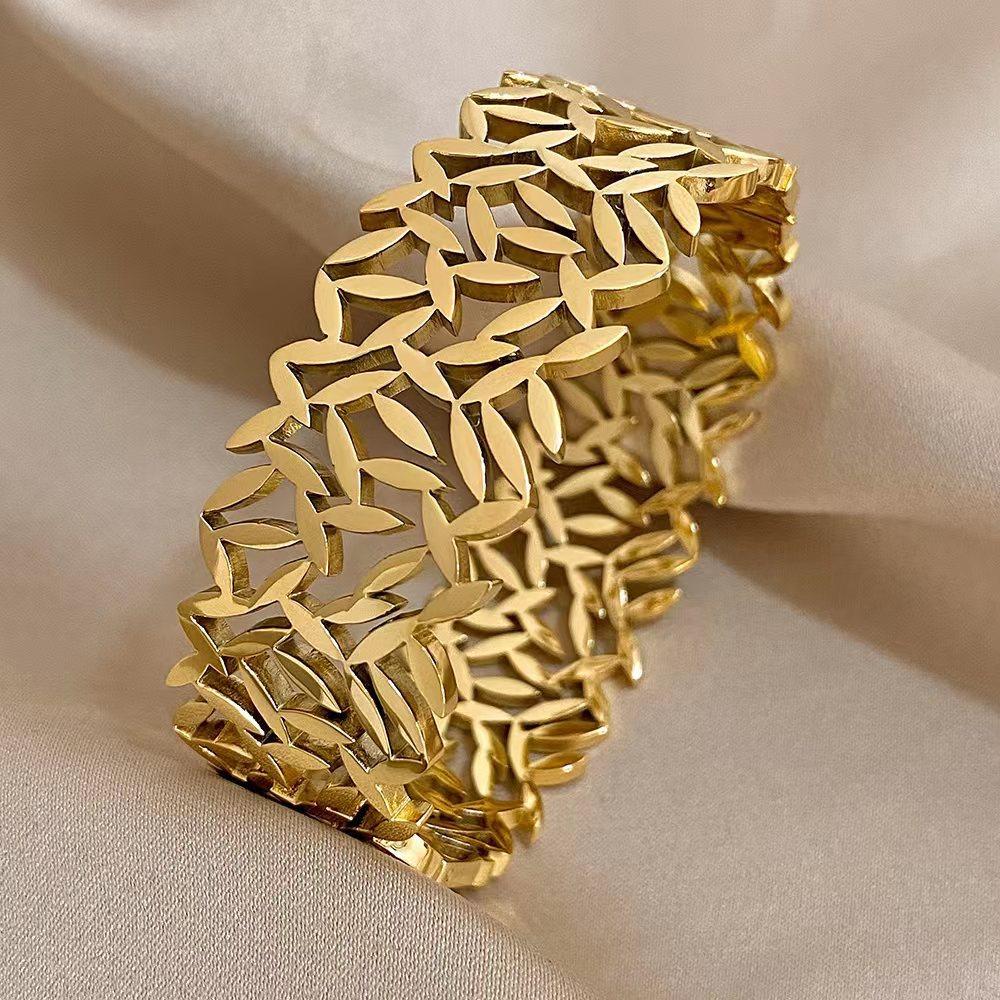 Позолоченные браслеты из нержавеющей стали на запястье водонепроницаемые украшения новые широкие браслеты с листьями