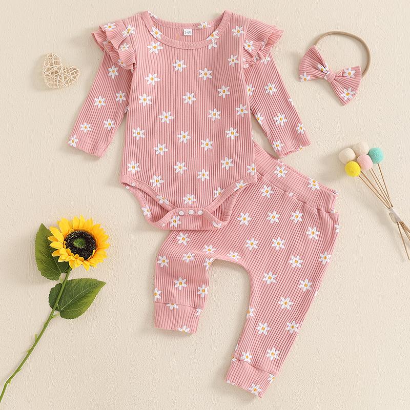 Citgeett Autumn Infant Baby Girls Floral Outfit Long Sleeve Romper Pants Bowknot Headband Fall Clothing Set