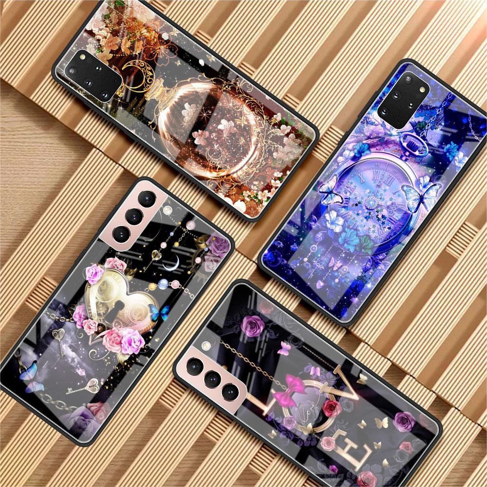 Чехол из закаленного стекла для Samsung Galaxy S22 S21 Ultra S20 Fe S10 S9 S8 S22 S21 Plus Note 20 10 Phone Funda Rose Butterfly Flower