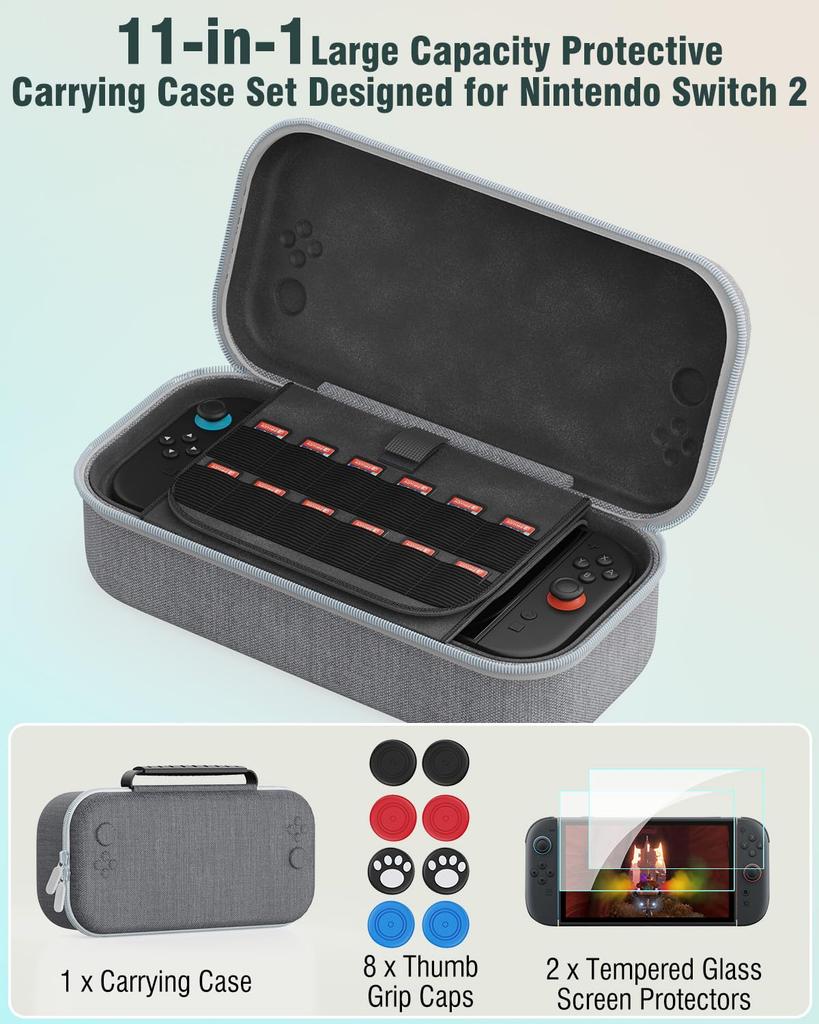 OLCLSS Чехол для переноски Nintendo Switch 2 с восемью силиконовыми колпачками-фиксаторами и двумя усиленными держателями 10H. Вмещает до 12 игр и легко переносится.