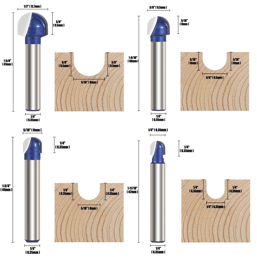Vearter 4-Piece Set U-Groove Bit 6.35mm Shank Carbide Cove Box Router Bit 6/8/9.5/12.7mm Cutting