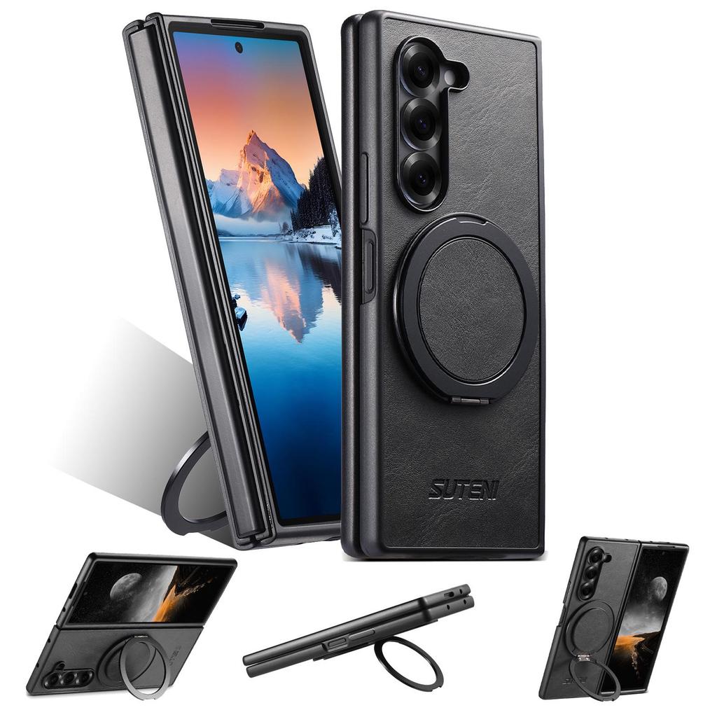 Кожаный чехол с магнитной беспроводной зарядкой для Samsung Z Fold 7/6/5 с вращающейся на 360° подставкой-кольцом