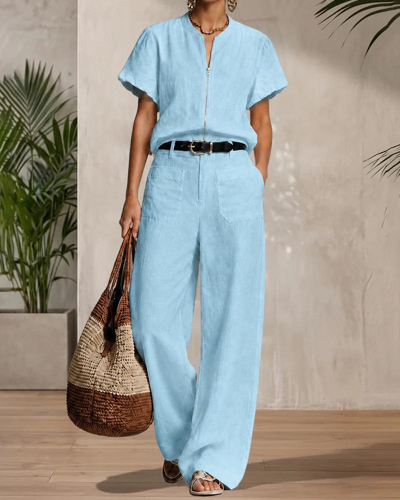 1116 European and American summer women's clothing imitation hemp solid color V-neck short-sleeved top loose wide-leg pants casual suit