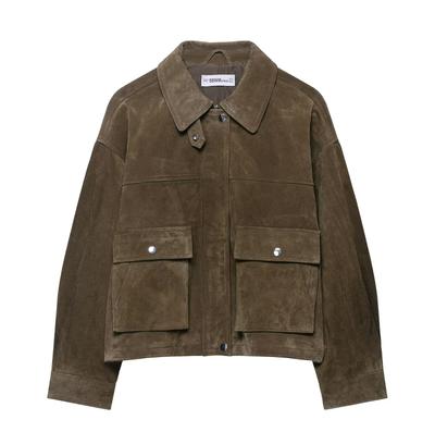 Женская куртка из кожи с воротником поло, винтажная, состаренная, с двойным карманом