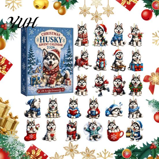 Christmas Tree Hanging Decoration Husky Advent Calendar 2026 with 24 Unique Acrylic Pendants for Decorations, Party Favor Cute Dog Themed Holiday