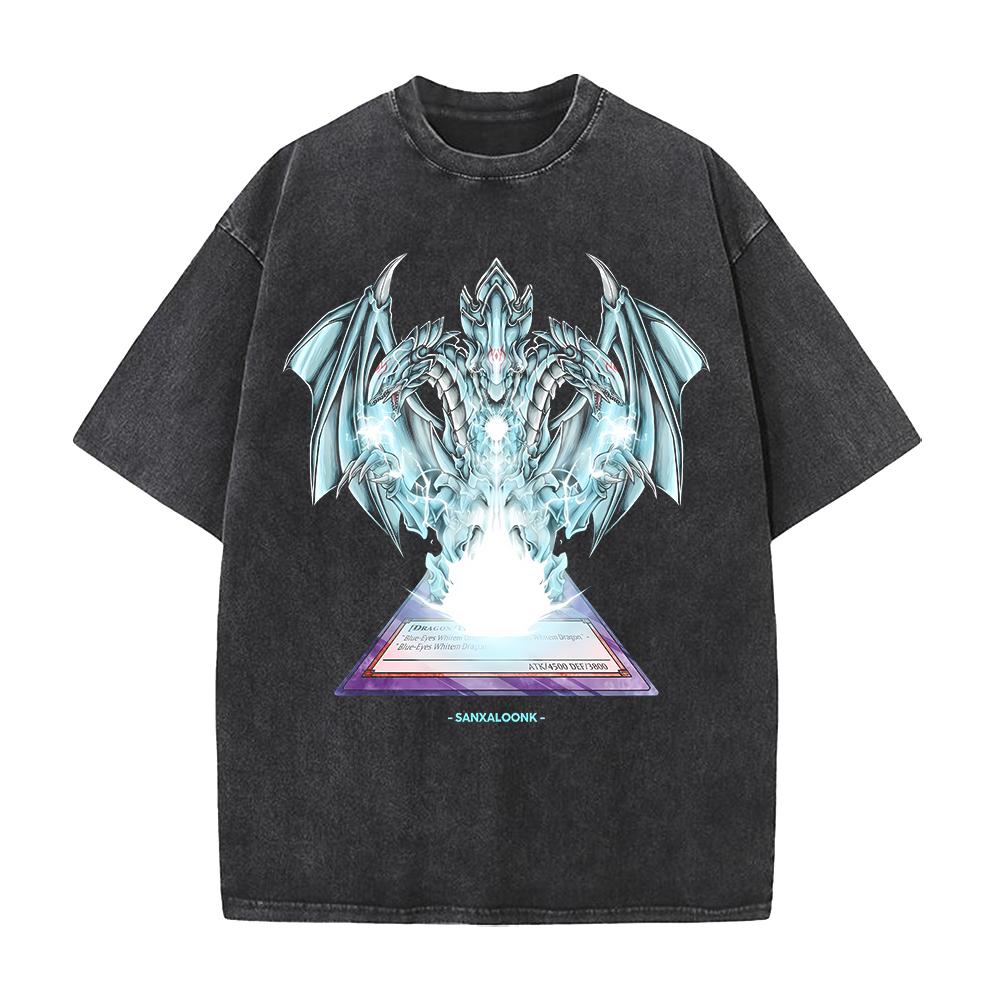 Anime YuGiOh Tshirt BlueEyes White Dragon Washed Yk T Shirt Mens Clothing Summer Short Sleeve Loose Cotton Soft Tees Tops