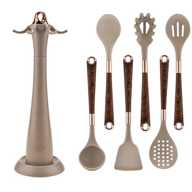7 PCS Silicone Cooking Kitchen Utensil Set Wooden Handle Kitchen Baking Tools Kitchenware Accessories Storage Bucket