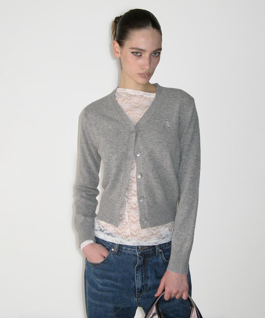 SUNBURNPROJECT Cashmere Basic V-Neck Cardigan, Melange Gray