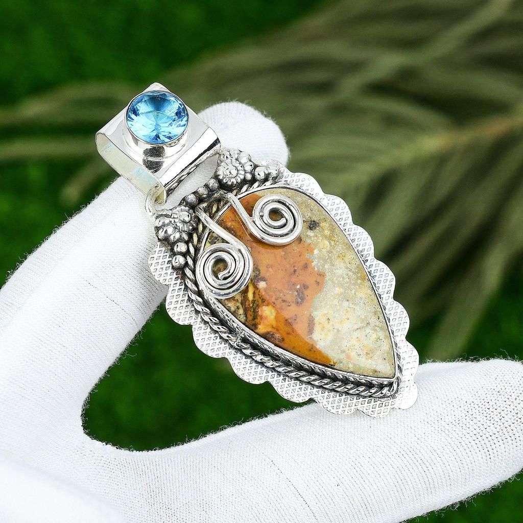 Подвеска-безель из стерлингового серебра 925 пробы с натуральной грушевидной яшмой с рисунком и голубым топазом