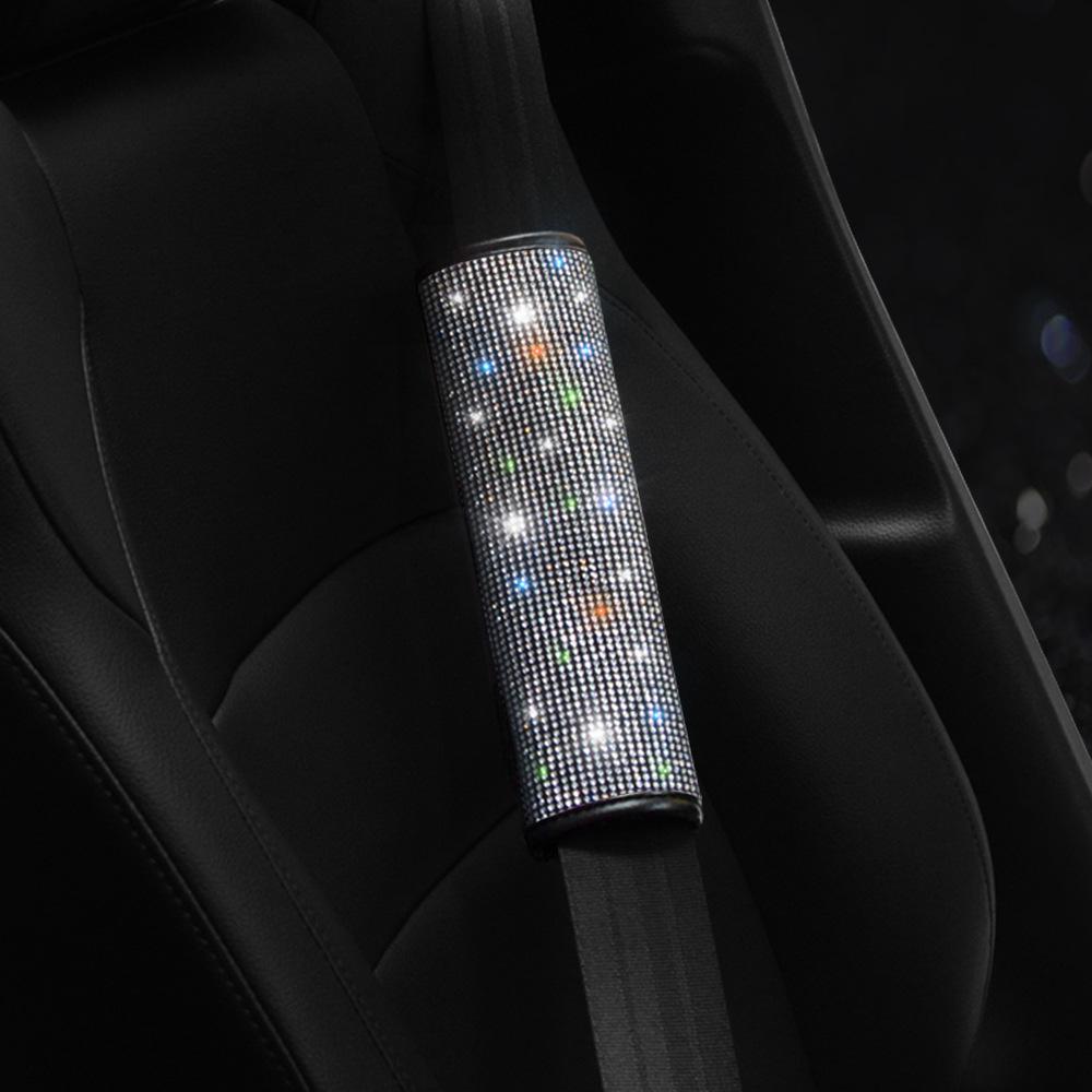 Diamond Studded Car Accessories Set: Seat Belt Shoulder Cover, Rearview Mirror Cover, Headrest, and Lumbar Support