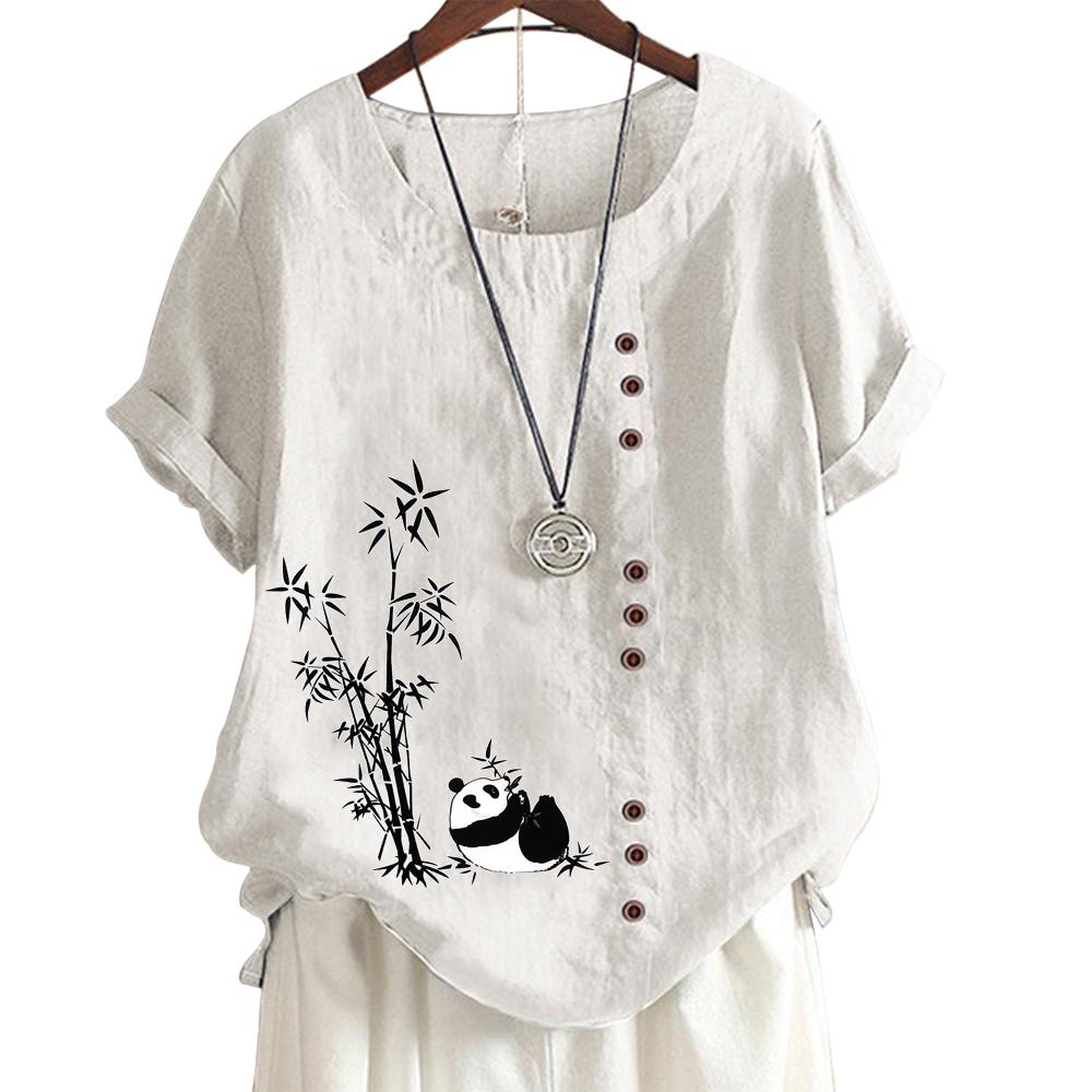 Women's Cotton Linen Casual Tee with Round Neck and Short Sleeves - Printed Design