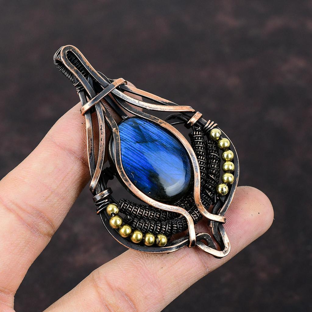 Подвеска из драгоценного камня лабрадорита, подвеска из медной проволоки, подвеска ручной работы, уникальный дизайн из меди, ювелирные изделия из проволоки, подарок для матери