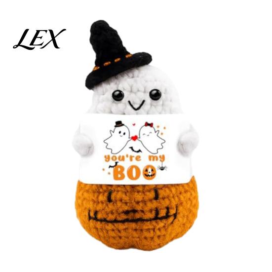 Adorable Holiday Party Favor Hand Knitted Halloween Ghost Ornament, Crochet Plush Doll with Tactile Comfort Sensory Toy Encouragement Card,