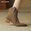 Новые женские ботильоны из коровьей замши на толстом каблуке с острым носком в стиле ретро, повседневная женская обувь для отдыха на природе, осень-зима 2024 г., женская обувь