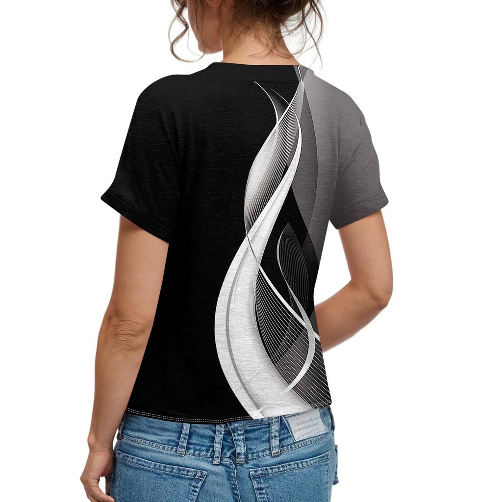 Женская модная футболка с короткими рукавами и V-образным вырезом, цветным принтом в стиле пэчворк, на пуговицах