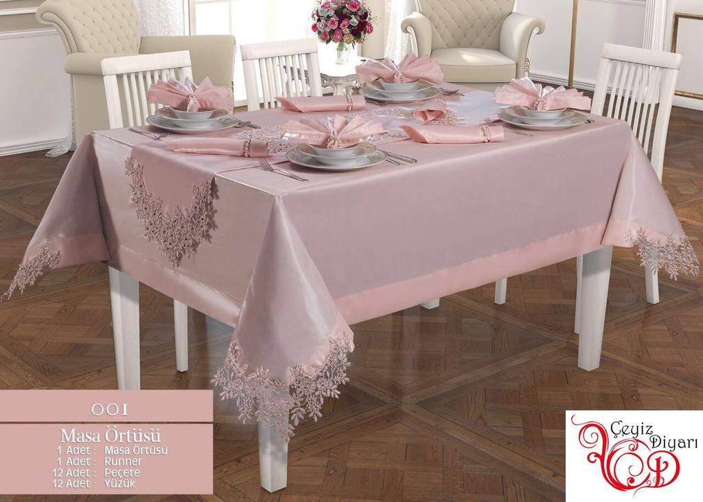 Angel Dinner Set 26pcs, Table Cloth Rectangle 160x260, Runner 135x45, Napkins 35x40, Linen, Powder