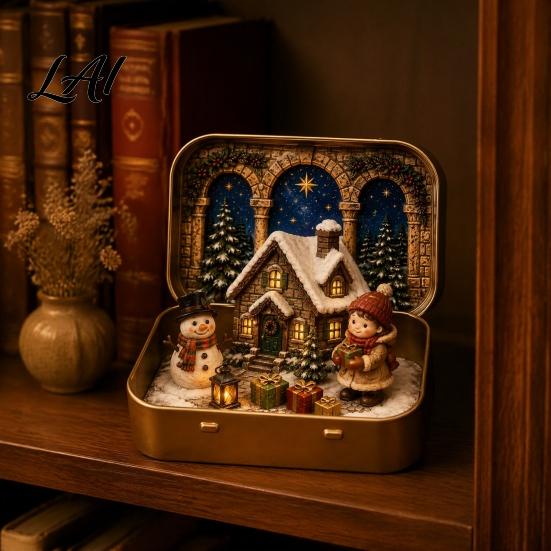 Christmas Mantelpiece A Tin Set in Ornament Mini Box, Pocket Size Holiday Scene Desktop